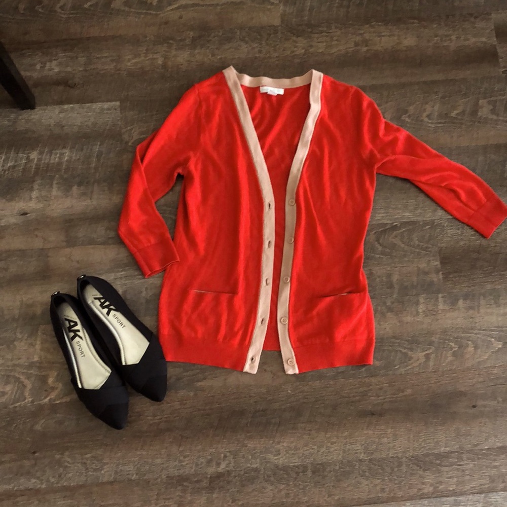 Three quarter sleeve red and gold cardigan sweater